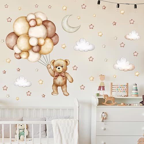 Teddy Bear Wall Decals, Cartoon Animal Wall Decals, Balloon Wall Stickers Star Moon Cloud Wall Decals Wall Stickers for Kids Baby Room Decor Baby Room Nursery Decor. (Bear Wall Decals)