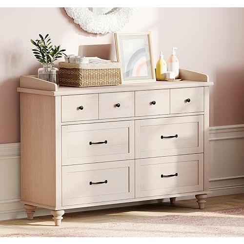 WAMPAT Beige Baby Dresser with 6 Drawers for Kids Room, Kids Dresser Wooden Double Dresser for Bedroom, Chest of Drawers Storage Dresser Organizer for Nursery Furniture