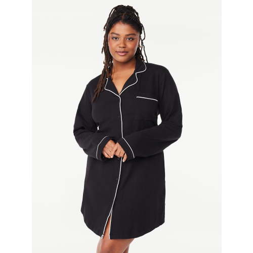 Joyspun Women’s Cotton Blend Long Sleeve Notch Collar Sleepshirt, Sizes S to 4X