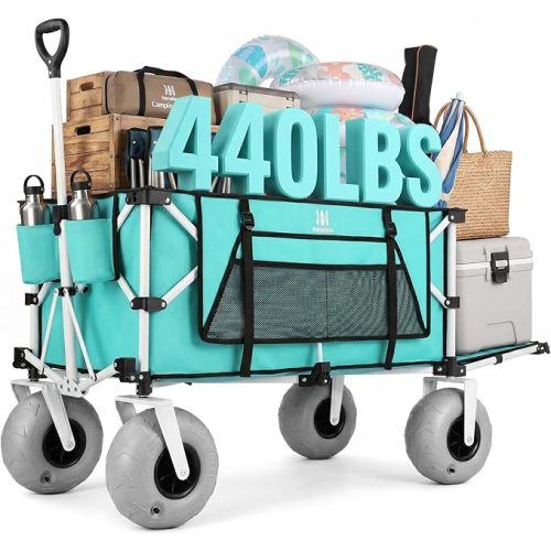 260L Beach Wagon with Extended Tailgate, 440lbs Heavy Duty Beach Cart with 9” Big Balloon Wheels for Sand, Collapsible Folding Wagon with Side Pocket for Outdoor, Light Blue
