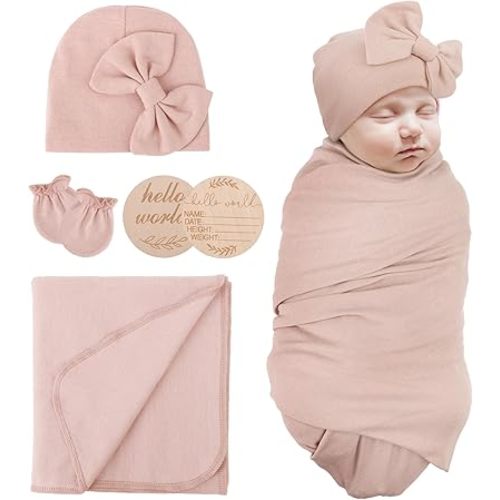 Newborn Receiving Blanket with Bow Hat Mittens Wooden Card Set Newborns Toddler Baby Boy Girl Nursery Swaddle Wrap
