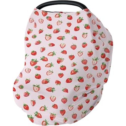 Red Strawberries Car Seat Cover for Babies Watercolor Strawberries Fruit Stretchy 5-in-1 Cover Adjustable Car Canopy Breastfeeding Cover Sweet Summer Pink Breathable Nursing Cover-Up