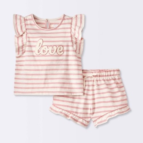 Baby Girls' Rose Striped Chenille Patch Tank & Shorts Set - Cloud Island™ Pink 0-3M