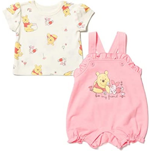 Disney Minnie Mouse Winnie the Pooh Baby Girls French Terry Short Overalls and T-Shirt Newborn to Infant