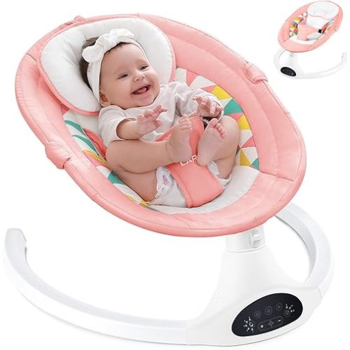 LAREX Baby Swings Electric Baby Swing Bluetooth Infant Swing Portable Rocker with 5 Speeds, 1 Seat Position, Remote Control, Pink