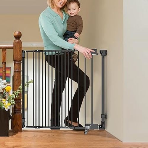No Bottom Bar Baby Gate for Stairs and Doorways - 29.5"-43.5" Adjustable Wall Mounted Extra Wide with Bottom Wheels, Easy Install Hardware-Mounted Safety Baby Gate for Top of Stairs