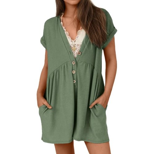 Glamaker Women's Summer Short Sleeve Romper Casual V Neck Wide Leg Short Jumpsuit Button Beach Rompers Outfit With Pockets