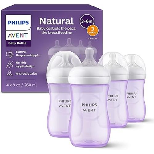 Philips Avent Natural Baby Bottles with Natural Response Nipples (Medium Flow, Flow 3), 9oz, Purple, 4-Pack, SCY903/34