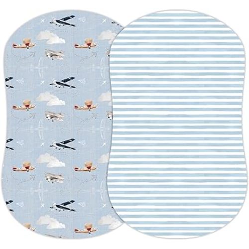Baby Bassinet Sheets for Boy, Girl (Watercolor Airplanes and Clouds) 2-Pack - Fitted Bedside Bassinet Sheets - Buttery Soft Cotton Blend for Standard Bassinet Mattress Pad