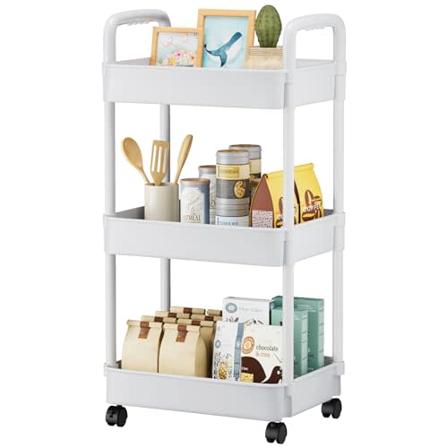 EZ COZY 3 Tier Rolling Cart, Plastic Diaper Cart Organizer with Wheels, Roller Cart for Diapers, Baby Nursery, Kitchen, Bathroom, Living Room and Bedside, White