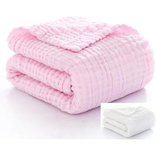 Nazbella Baby Muslin Swaddle Blankets for Boys and Girls, Wrap Soft Silky 2 Pack Organic Cotton Muslin Swaddle Blanket, Breathable and Skin-Friendly.(Pink-White)