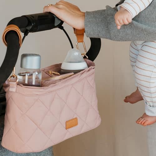 Beautiful Stroller Caddy Organizer With 2 Cup Holders Luxury Stroller Bag, Universal Fit, Leather Straps & Zipper Pocket Lightweight Accessories that Fit Strollers like Doona, Nuna & Uppababy