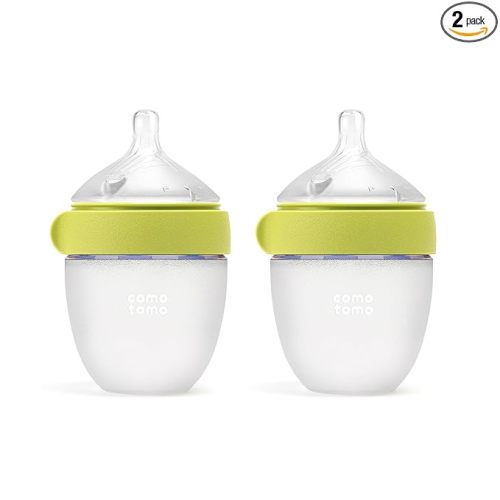 Comotomo Silicone Baby Bottle Gen 2 – 2026 Release (5oz) – True Slow-Flow Nipple for Newborn Feeding (0-3 Months) with Dual Anti Colic Vents for Breast to Bottle Transition, Green (Double Pack)