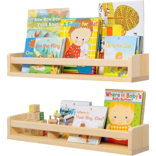 Fun Memories Nursery Book Shelves - Rustic Natural Solid Wood Floating Bookshelf for Kids - Wall Book Shelves for Kids Room (Natural, 24inch - 2P)