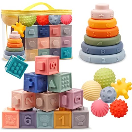 Montessori Toys for Babies,Soft Stacking Building Blocks Rings Balls Sets,3 in 1 Baby Toys Bundle,Sensory Toys for 6-12 Months, Soft Teething Toys for Babies,Baby Toys Gifts for Boy Girl - 3 IN 1 Set-2