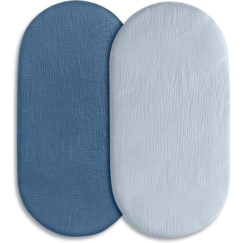 Muslin Bassinet Fitted Sheets, 2 Pack for Baby Boy and Girl, Soft Breathable Stretchy Baby Pad/Mattress Sheet Set, Universal Fit for Hourglass Oval and Rectangle Bassinet Mattress (Bright Colors)