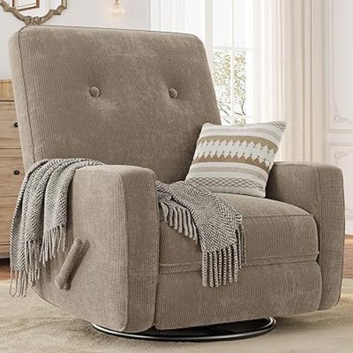 Recliner Chairs, Swivel Rocker Recline, Glider Recliner Nursery Chair, Recliner Chair for Adults, 360° Swivel Glider Rocking Chair for Living Room, Bedroom, Office, RV, Corduroy, Khaki