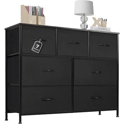 Dresser for Bedroom with 7 Drawers, Anti-Tip Wide Fabric Chests Storage Organizer Tower Furniture, TV Stand for TV up to 45 inch with Wooden Top Metal Frame for Clothes, Living Room, Hallway, Entryway