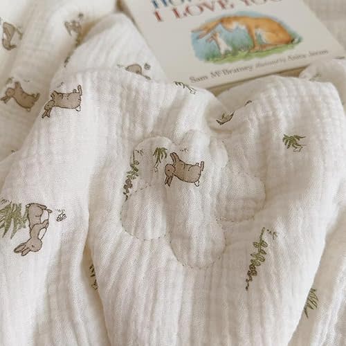 BuLuTu Cotton Muslin Toddler Quilt Quilted Blanket Cute Rabbit Pattern 47"x59"