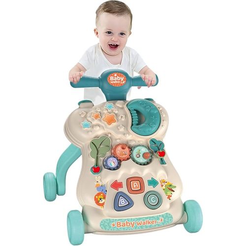 IoF Baby Push Walker, Walker for Baby Boy Girl 6-12 Months with Educational Play Learning Panel, Sit-to-Stand Walkers, Child Activity Center & Toys for 12-18 Months Baby Boys Girls(Green Moon)