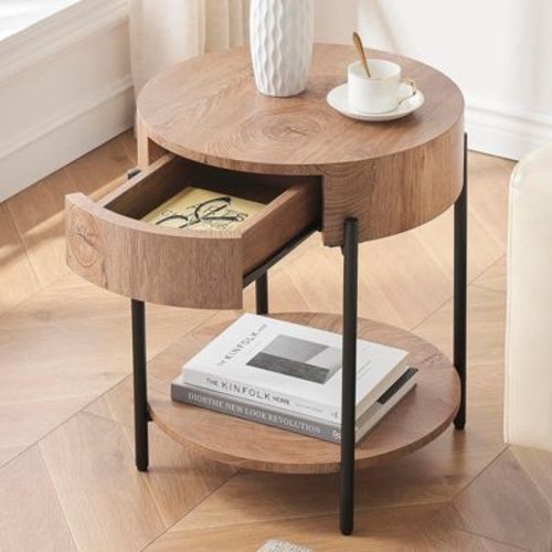 2-Tier Round End Table Nightstand Wood Side Table with Drawer Accent Bedside Farmhouse Tables for Living Room, Bedroom and Small Spaces