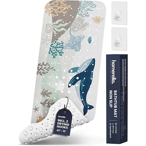 Bathtub Mat Non Slip Anti Mold for Kids 40x16 - homerella® Bath Mat for Tub, BPA Free, Incl. 2 Hooks, Washable Shower Mat Non Slip Anti Mold, Shower Mats for Inside Shower, EU Certified