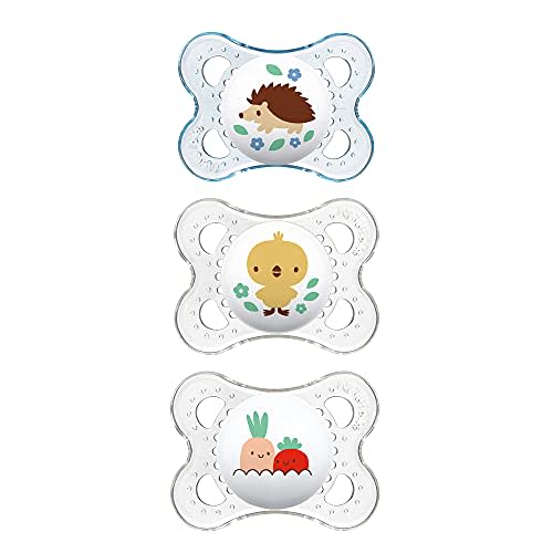 MAM Original Baby Pacifier, Nipple Shape Helps Promote Healthy Oral Development, Curved Shield to Protect Skin,Clear/Boy, 0-6 , 3 Count (Pack of 1)