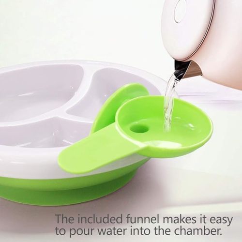 Matyz Baby Feeding Suction Warm Plate with Draining and Drying Design - Stay Put Divided Plate for Kids - Including 1 Toddler Plate and 2 Spoons - Microwave & Dishwasher Safe (Green)