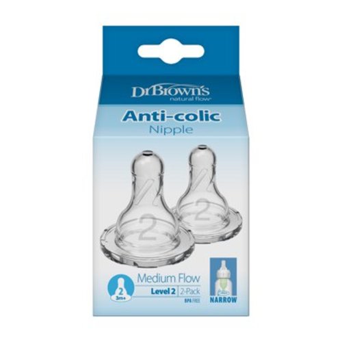 Dr. Brown's Natural Flow Level 2 Narrow Baby Bottle Silicone Nipple, Medium Flow, 3m+, 100% Silicone Bottle Nipple, 2 Pack