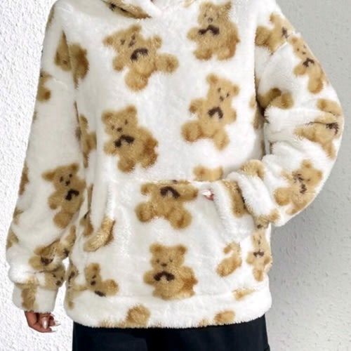 SHEIN Qutie Bear Pattern Kangaroo Pocket Drop Shoulder Teddy Hoodie
