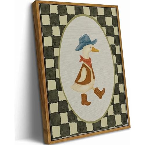 Framed Cowboy Duck Wall Art Print, Western Boho Kids Room Canvas Wall Decor, Cute Checkered Duck Painting Picture, Rustic Nursery Poster for Baby Bedroom Playroom Decoration, 8x10in