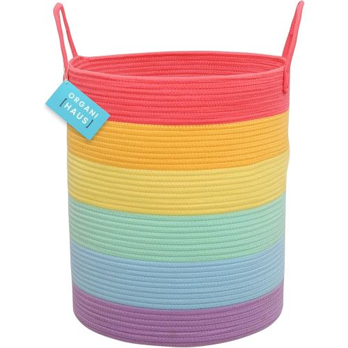 OrganiHaus Large Rainbow Woven Laundry Basket w/Handles 52L, Decorative Toy Storage Bin for Nursery, Colorful Blanket Basket for Playroom, Baby Laundry Hamper, Fun Kids Room Decor Organizer