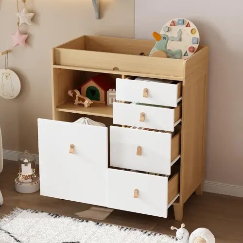 Baby Dresser with Changing Table Top, 5 Drawers Nursery Dresser with Removable Guard, Infant Diaper Changing Station Baby Cloth Organizer for Nursery and Kids Bedroom, Wood Color - 33.5" W