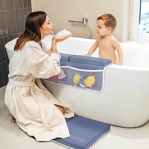 Baby Bath Kneeler and Elbow Rest Pad Set, Kneeling Pad for Bathing Baby and Elbow Pad with Bath Brush and Hand Towel, Bathtub Kneeler and Elbow Rest Set with Organizer