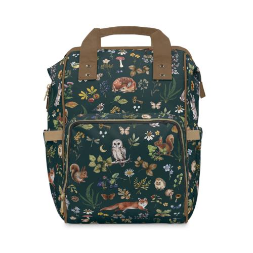 WHIMSICAL WOODLAND Diaper Backpack with Fox Deer Hare Squirrel Owl flowers & foliage, Cute Forest Animals Picnic bag, Nature lovers gift
