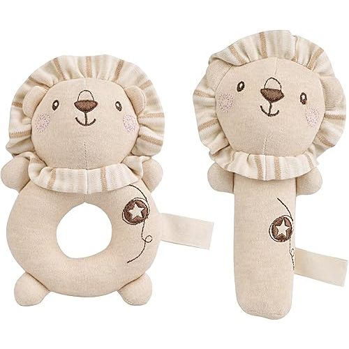 Baby Rattle (2-Pack) - Organic Cotton Sensory Play, Gentle Sound Toy for Newborns, (Lion Design)