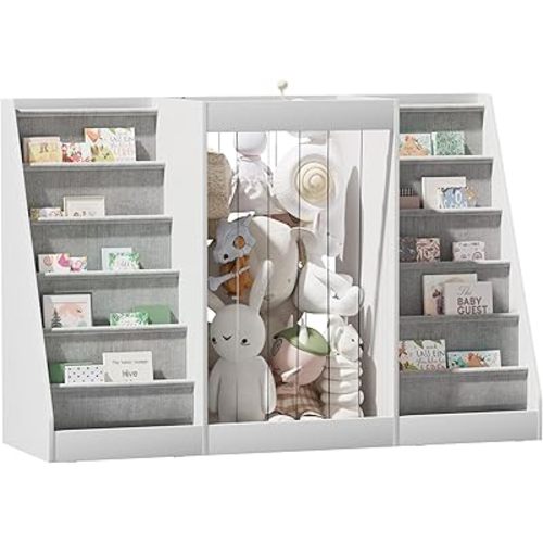 Kid Bookshelf Book Storage Organizer Montessori Child Bookcase Stuffed Animal Holder Toddler Baby Sling Floor Book Rack Display Shelf Playroom Bedroom Nursery Classrooom (White, Double Sling)