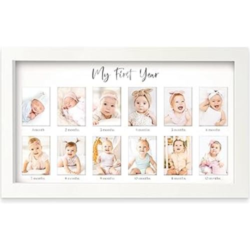 My First Year Photo Frame,12 Months Baby Picture Frame for Newborn Girl,Boy-Baby Shower Gifts Keepsakes,Monthly Baby's One Year Birthday Milestone,1st Nursery Photo Collage Display Board(Alpine White)
