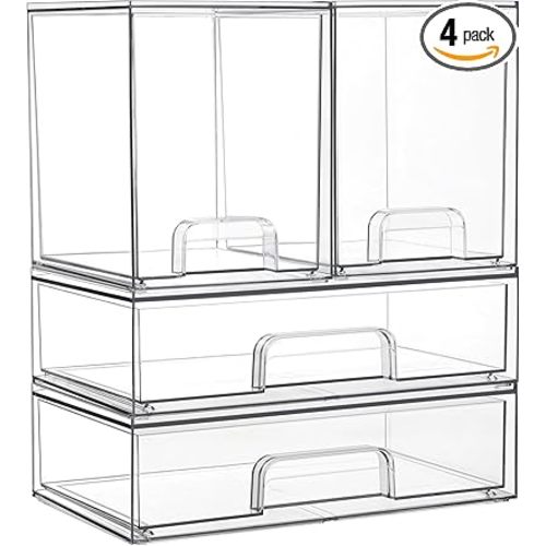 Vtopmart Clear Stackable Storage Drawers Set of 4, Plastic Organizer Bins for Makeup, Cosmetics, Beauty Supplies,Ideal for Vanity, Bathroom,Cabinet,Pantry Organization