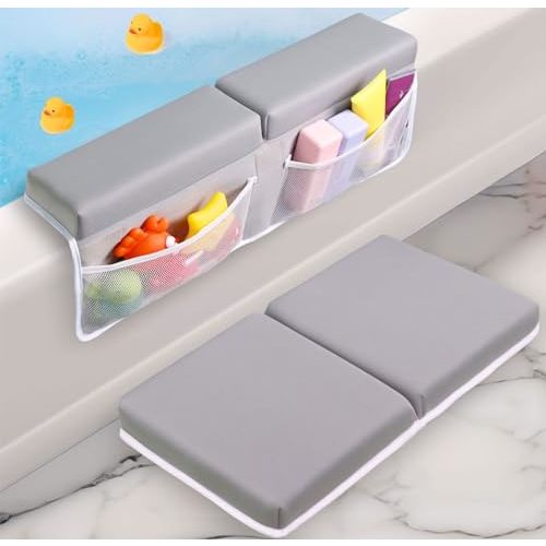 Toodly Baby Bath Kneeler and Elbow Rest Pad Set - Baby Bath Support for Knees and Elbows - Bath Kneeler Pad with Memory Foam and Bath Toys Organizer - Ideal Bath Kneeling Pad for Bathing Baby - Grey