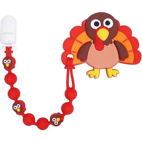 Cute Animal Baby Food Grade Silicone Teether Toy with One Piece Design Pacifier Clip Holder,Teething Toys Gift Set for 3 Months+ Boys and Girls,Freezer Safe,BPA Free (Red Turkey)