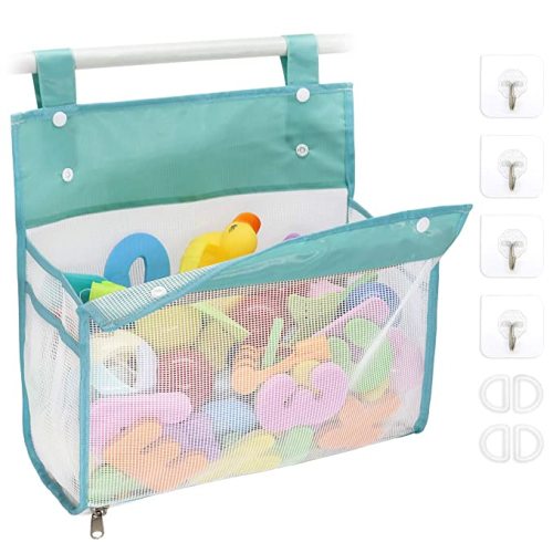 Bath Toy Organizer Multiple Ways to Hang, Extra Large Opening Bathroom Toy Holder, Bottom Zipper Bathtub Toy Storage Bag (Blue)