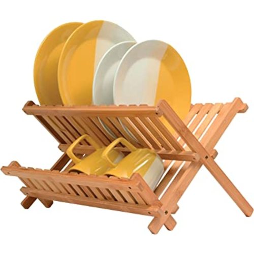 Dish Drying Rack - Collapsible 2-Tier Bamboo Dish Drainer Kitchen Plate Rack for Kitchen Countertop - Foldable & Compact for Space-Saving Storage