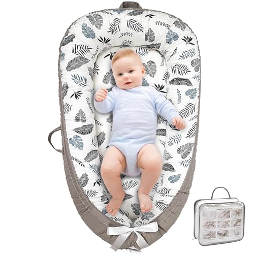 Beisurznga Baby Lounger, Ultra Breathable Soft Cotton Perfect for Tummy Time, Portable & Adjustable Infant Floor Seat for Traveling | Newborn Shower Gift(Cosy Leaves)