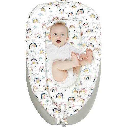 JIFTOK Baby Nests Lounger for Newborn, Snuggle Sleeping Bassinet for 0-24M, Breathable Portable Co Sleeping Bed, Baby Essentials Adjustable Infant Soft Cotton Loungers for Home & Travel -Rainbow