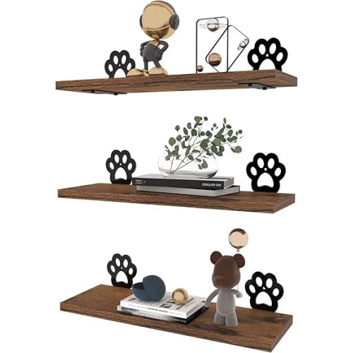 Lavezee Paw Prints Wall Decor Floating Shelves Set of 3, Cute Rustic Wooden Shelf Decorative Living Room, Bedroom, Bathroom, Log Cabin Shelving Wall Mounted