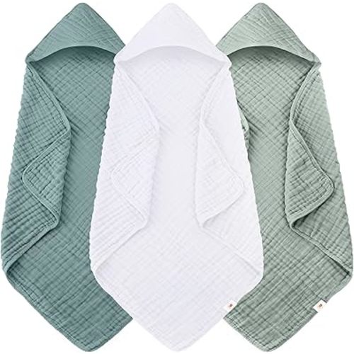 Sunny zzzZZ Muslin Hooded Baby Bath Towels - 3 Pack 100% Cotton Soft Low-Saturation Pastel Towels Including Classic White for Newborns, Infants, Toddlers - 32x32 Inch - Light Emerald and White