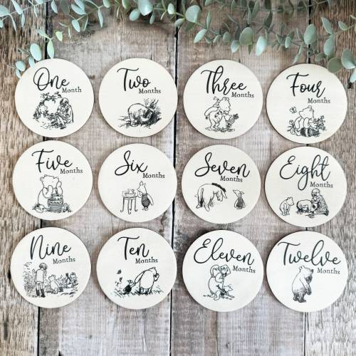 12 Wooden Baby Milestone Photo Discs, Winnie the Pooh Newborn Gift, Baby Shower Gift, Photography Prop, Keepsake Wood Gift for New Born Baby