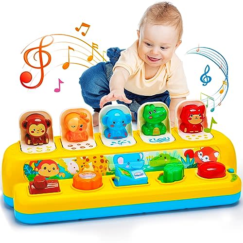 Interactive Pop up Animal Toys with Music & Light, Montessori Cause and Effect Toys for 1 Year Old Boy Girl Early Learning Musical Baby Toy 9-12-18 Months STEM Toddler Toy Age 1-2 Gift for Infant