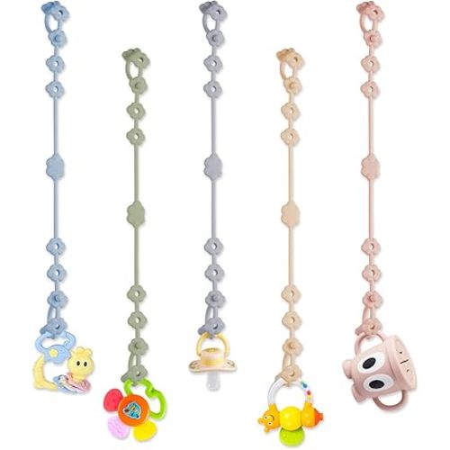 Toy Straps for Baby, 5 Pack Adjustable Silicone Toy Safety Straps for Stroller, High Chair, Car Seat, Teething Toy, Cribs, Food Grade Silicone, Multi Colors (Blue+Green+Gray+Beige+Pink)